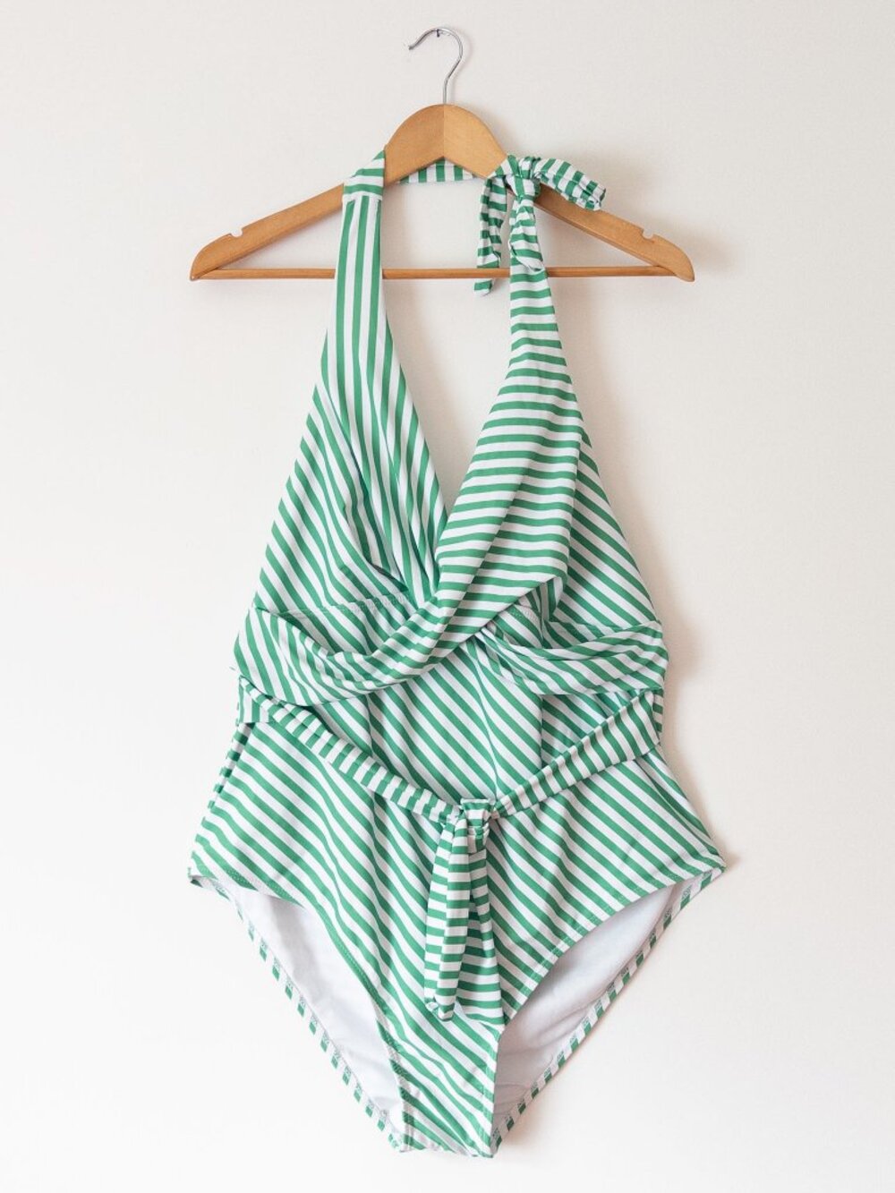 Women's XXL Green White Striped Halter One Piece Swimsuit Retro Pin Up Tie Front